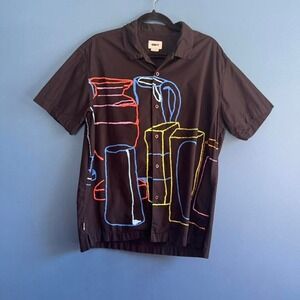Obey Line Drawing Shirt Men's Size Medium Black Collared Short Sleeve Art